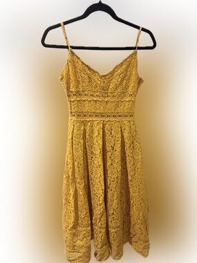 NSR Mustard Yellow Lace Spaghetti-Strap Dress